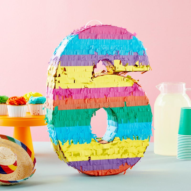 BLUE PANDA Rainbow Number 6 Pinata - Sturdy Corrugated Build & Easy Hang for Fiesta Party - Candy Filled 6th Birthday Party Surprise - Vibrant Tie-Dye Items for Kids - Small (16.5x11x3 In), Blue/White - Image 2
